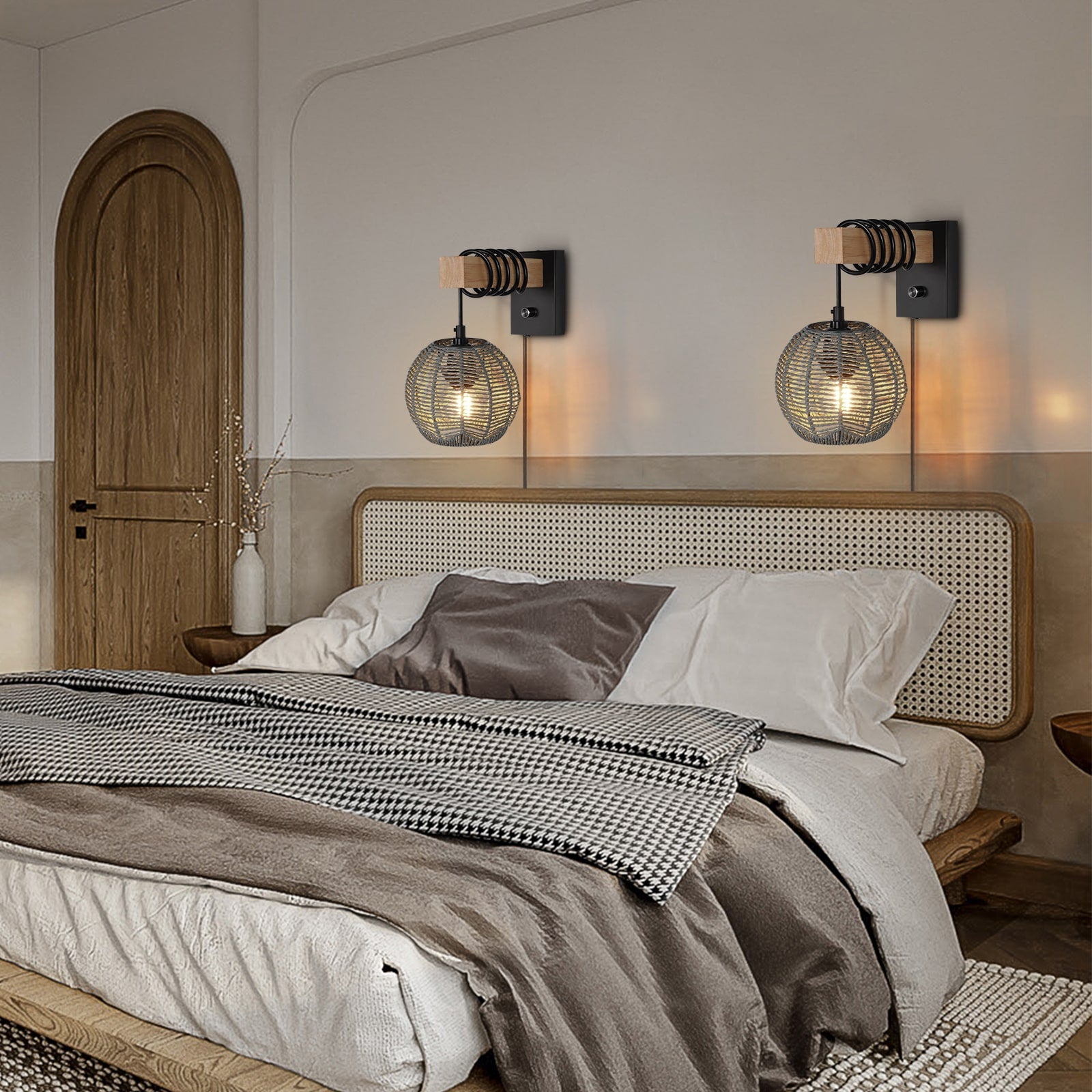 N01 Plug In Wall Lamp Sconce with Hand-Woven Rattan Shade