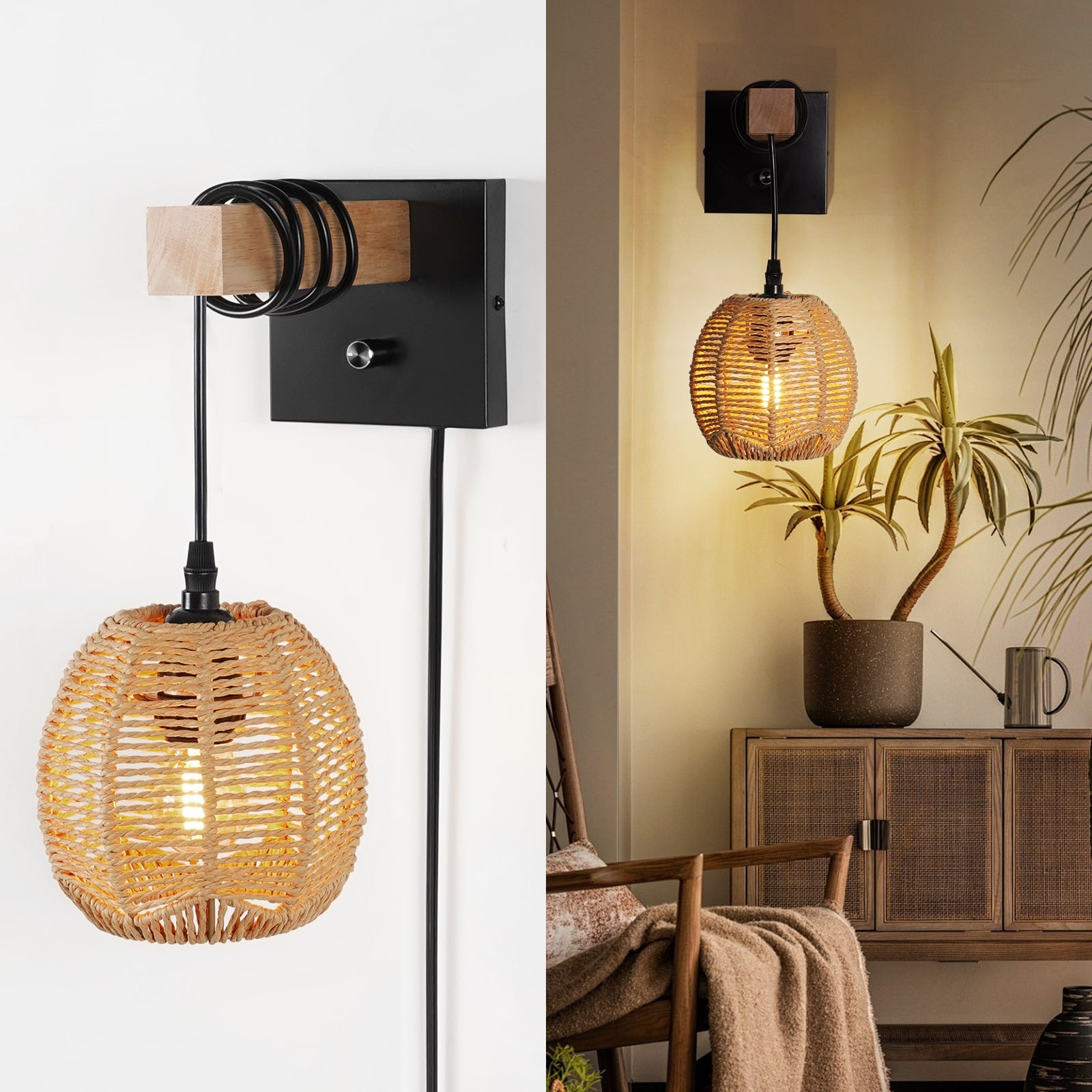 N01 Rattan Boho Wall Sconce - Dimmable LED Lighting for Any Space(Bulb Included）