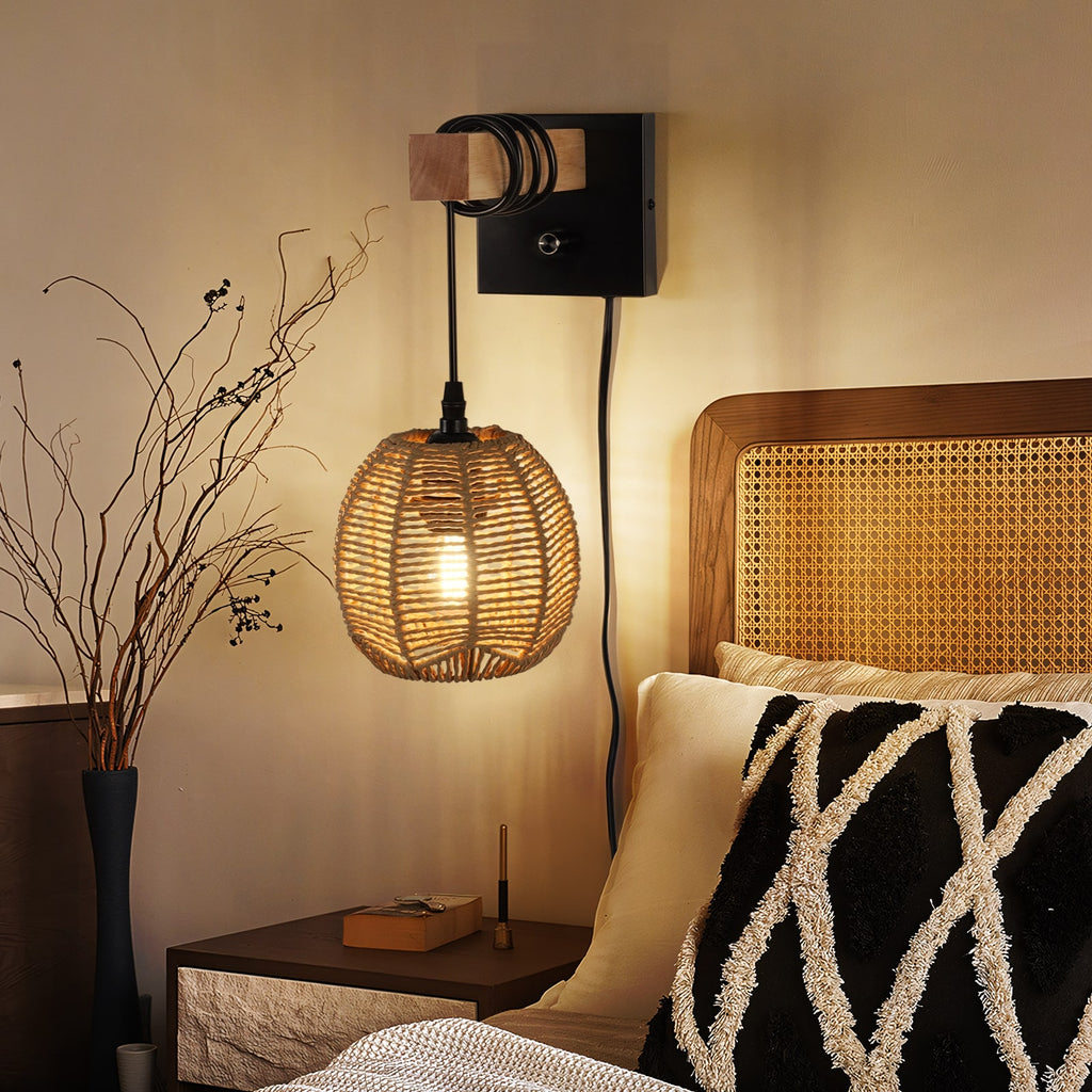 N01 Rattan Boho Wall Sconce - Dimmable LED Lighting for Any Space(Bulb Included）