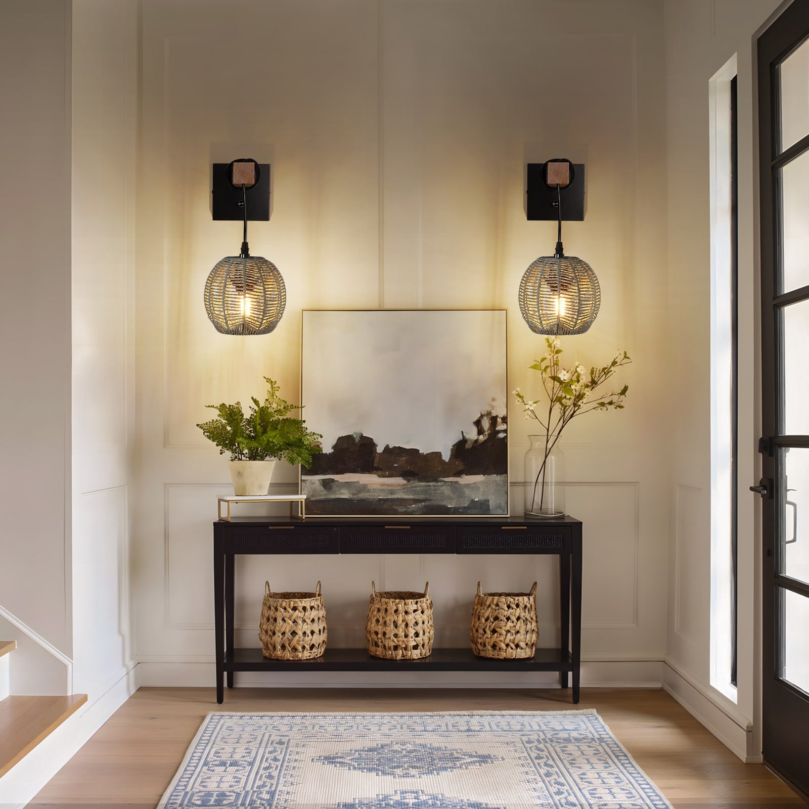 N01 Plug In Wall Lamp Sconce with Hand-Woven Rattan Shade