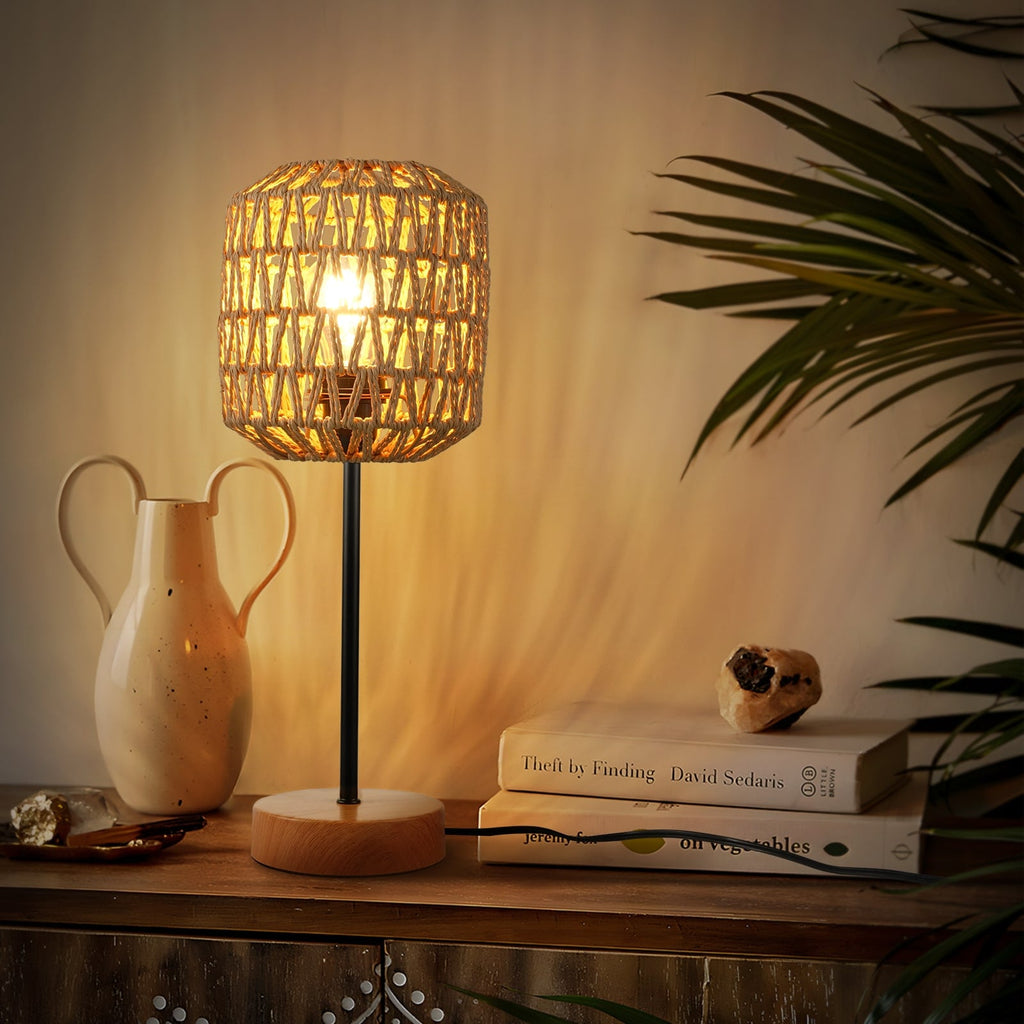 N02 Boho Rattan Table Lamp Dimmable for Study Room with USB Port