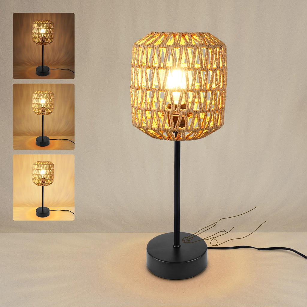 N02 Boho Rattan Table Lamp Dimmable for Study Room with USB Port