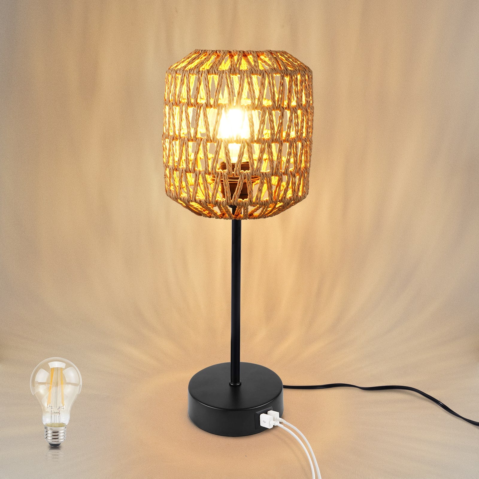 N02 Boho Rattan Table Lamp Dimmable for Study Room with USB Port
