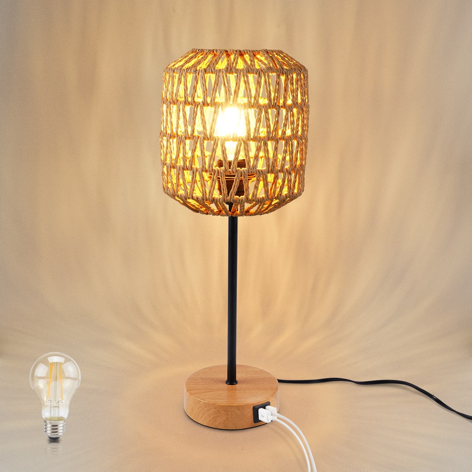 N02 Boho Rattan Table Lamp 3 Way Dimmable Touch Control with USB Port