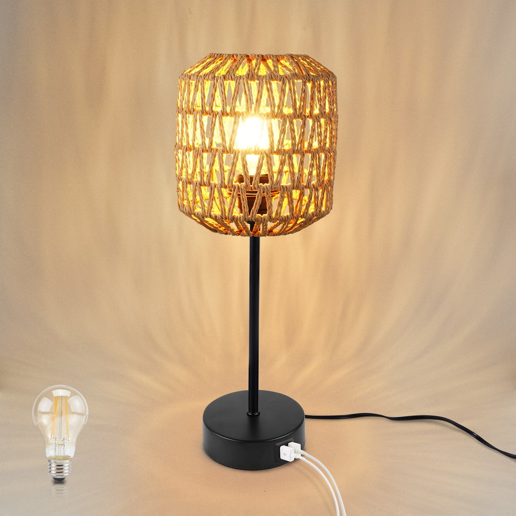N02 Boho Rattan Table Lamp 3 Way Dimmable Touch Control with USB Port
