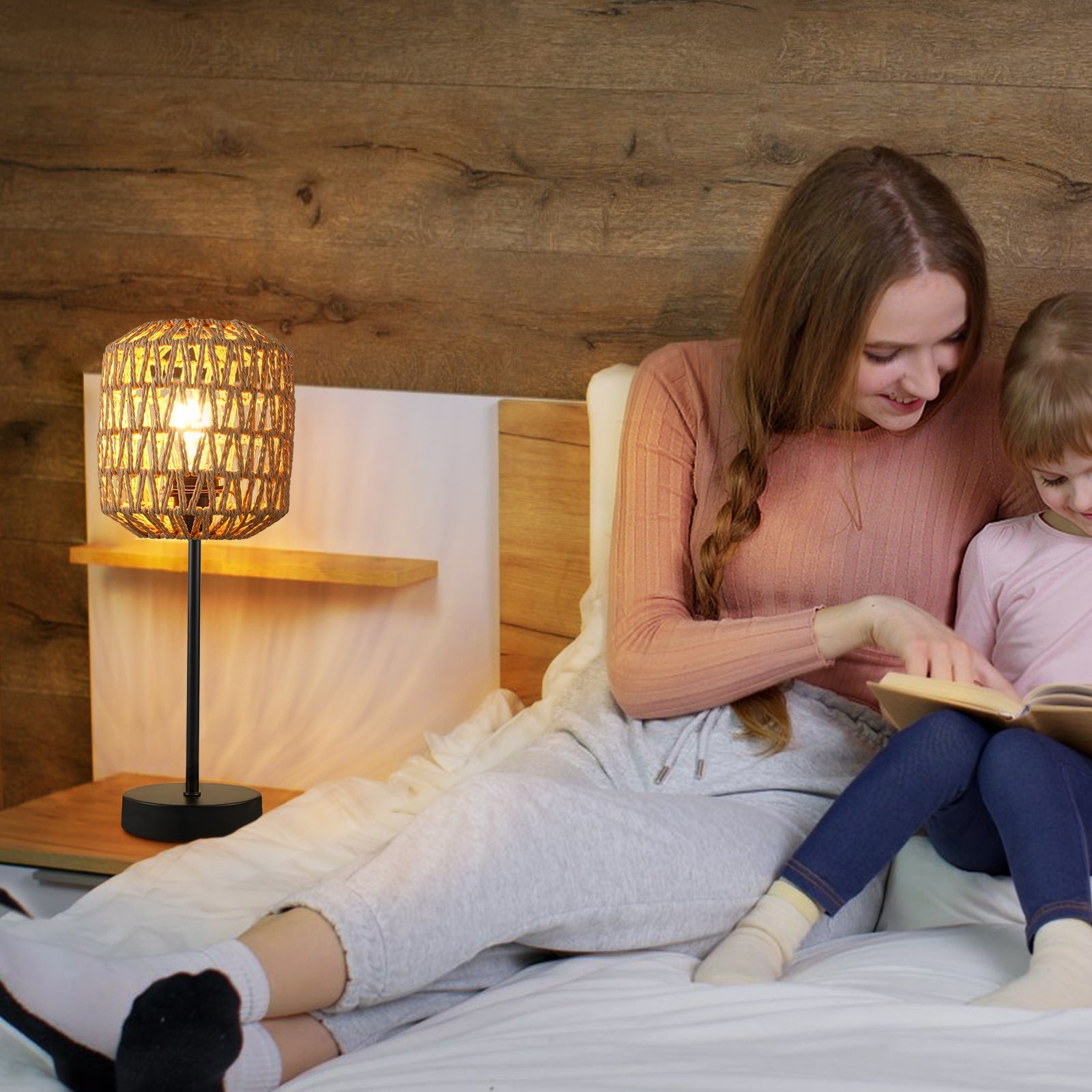 N02 Boho Rattan Table Lamp 3 Way Dimmable Touch Control with USB Port