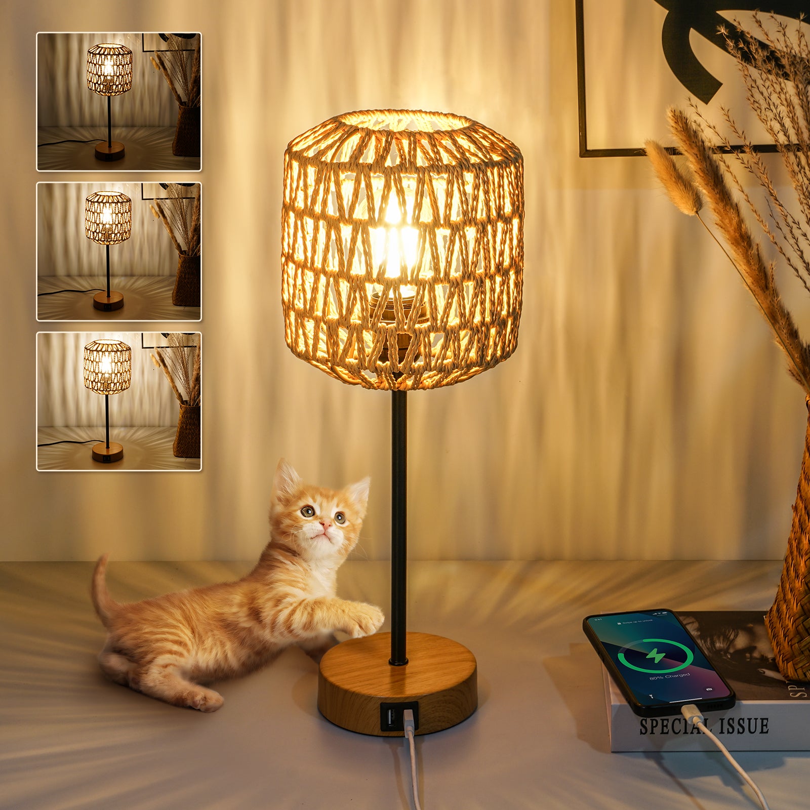 N02 Woven Rattan Shade Small Table Lights for Dining Room