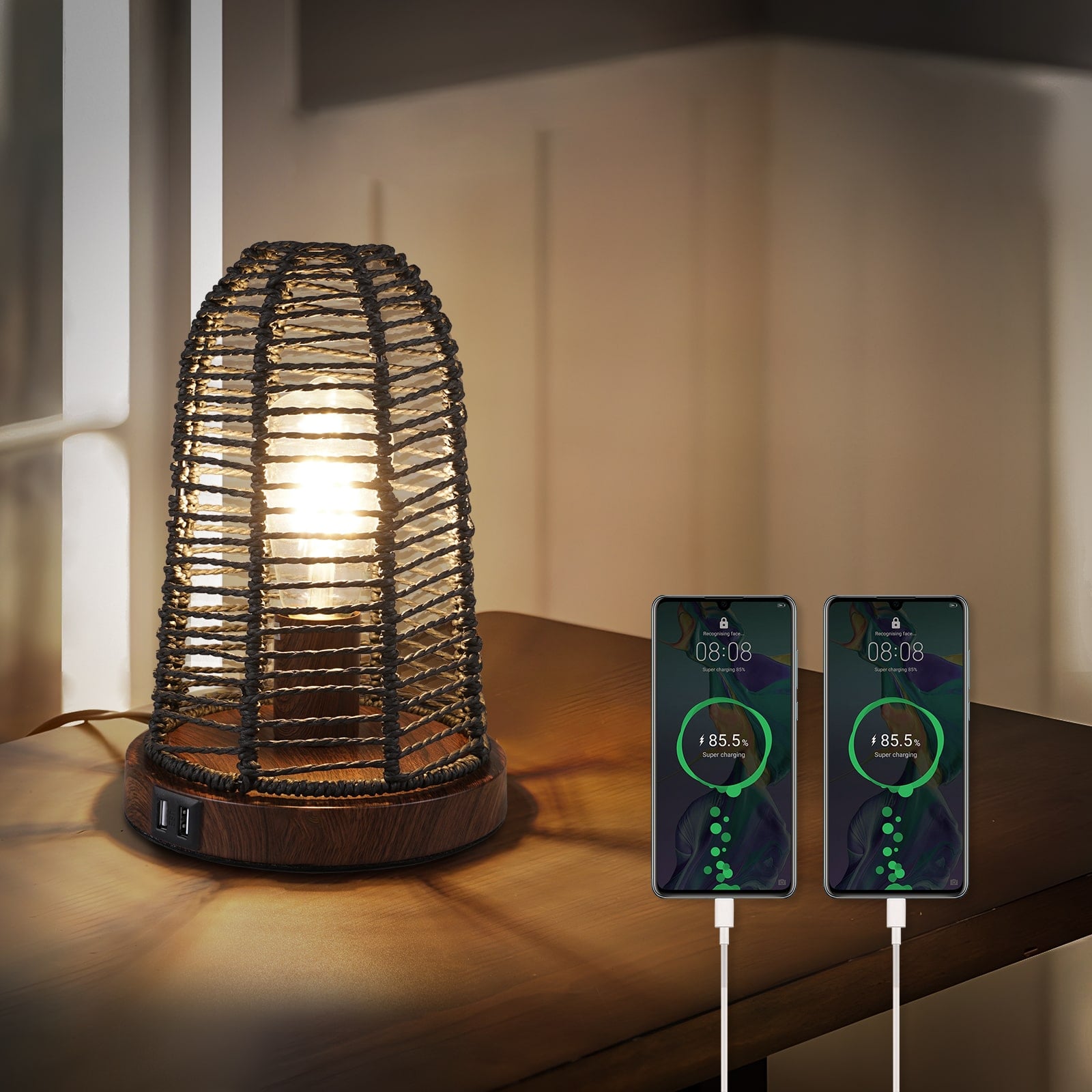 N04 Touch Dimmable Boho LED Table Lamp with USB Ports for Study Room