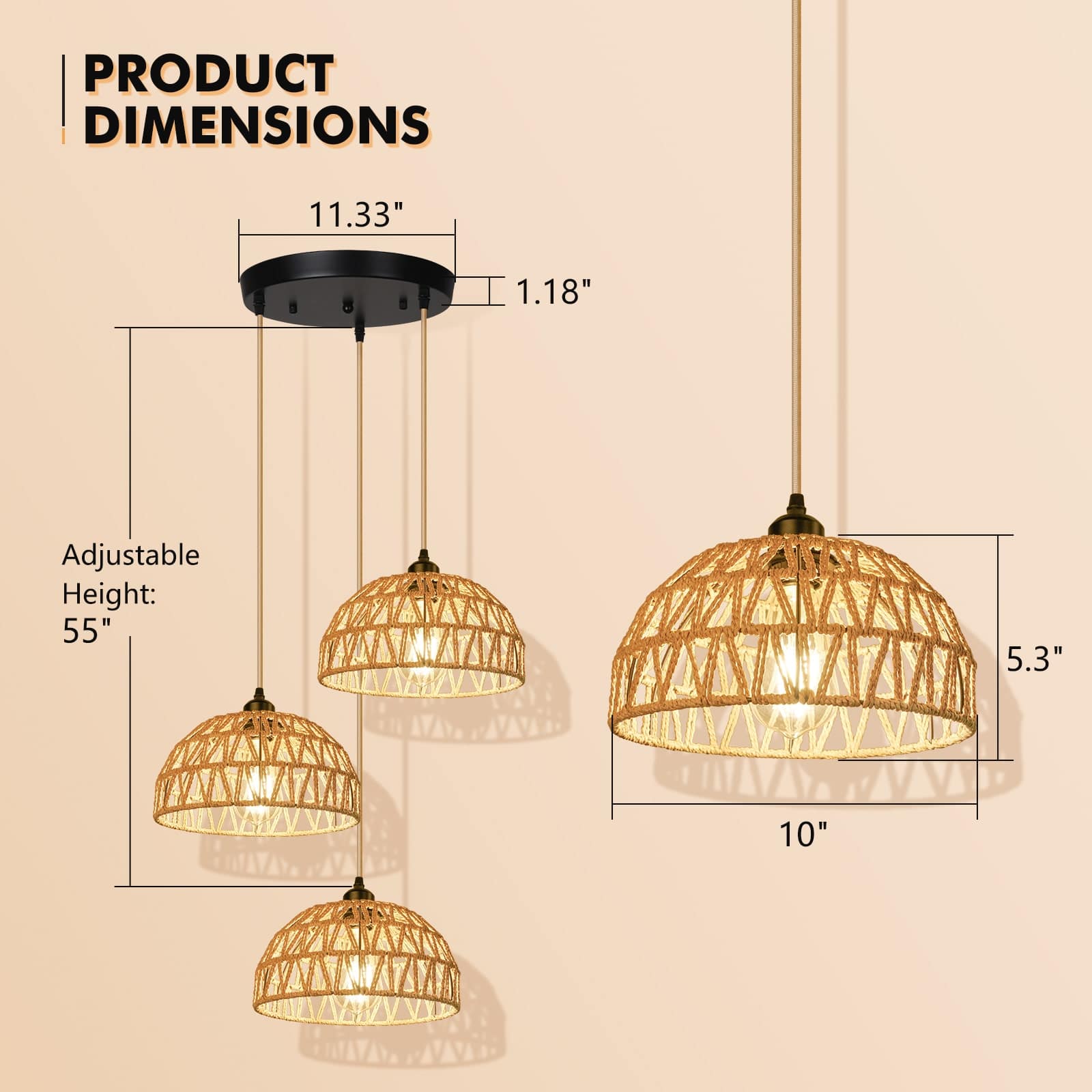 N05 Bathroom Pendant Light Fixtures Adjustable Handwoven Basket Shade