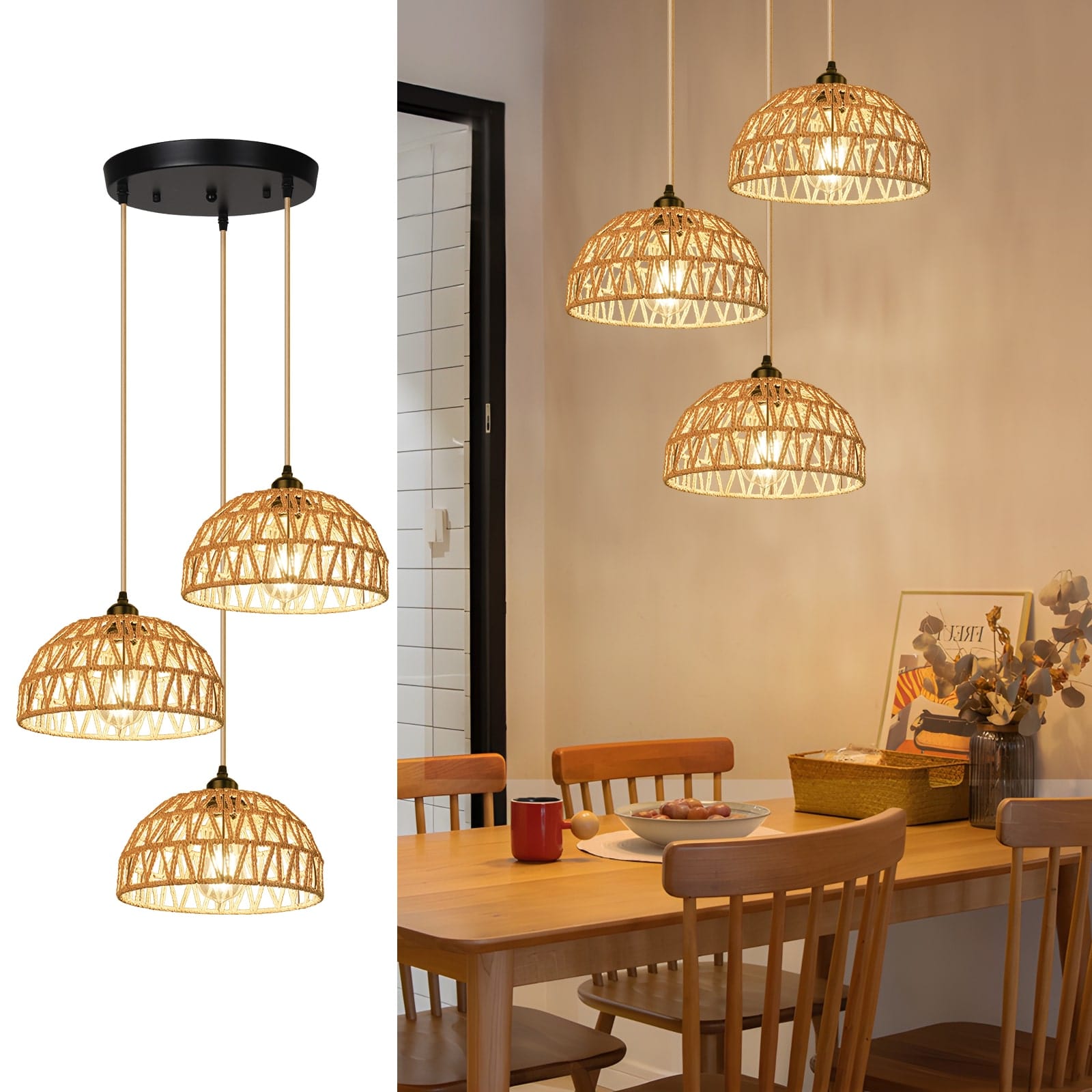 N05 3-Light Hand-Woven Rattan Pendant Light Adjustable Basket Length