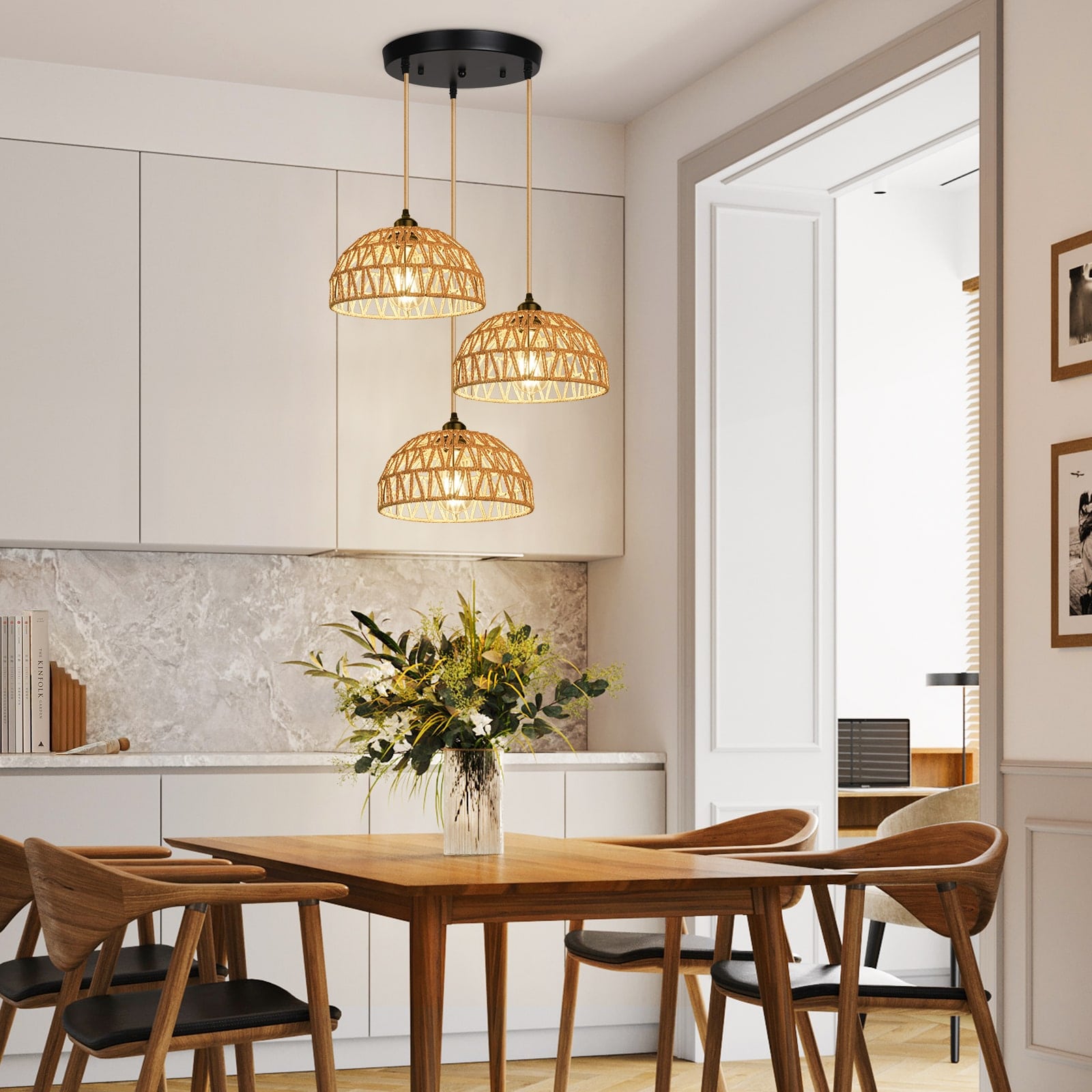 N05 Rustic Pendant Lighting with Woven Handmade Basket for Dining Room