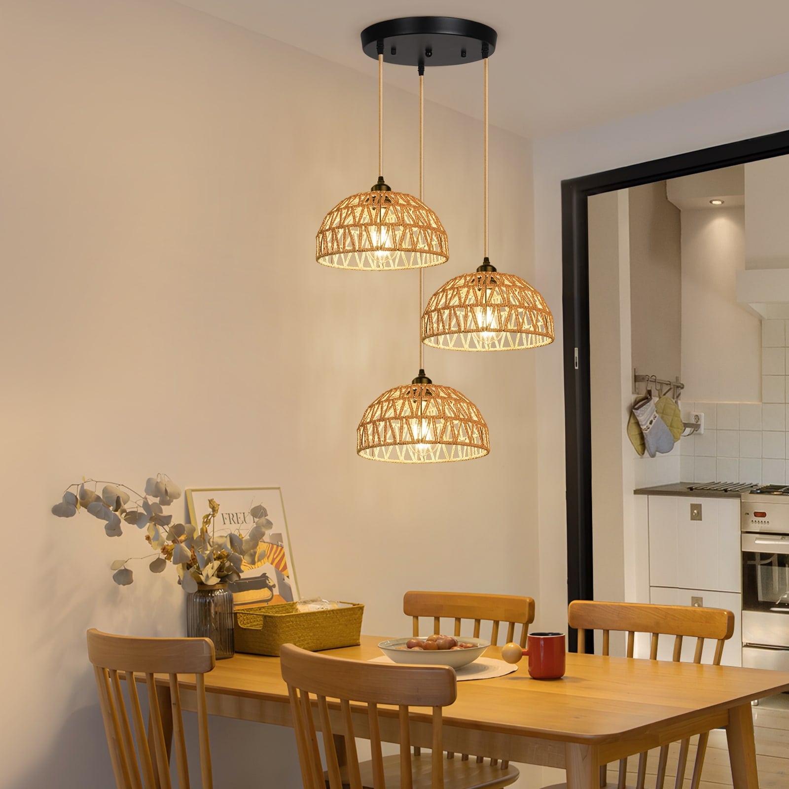 N05 Rustic Pendant Lighting with Woven Handmade Basket for Dining Room