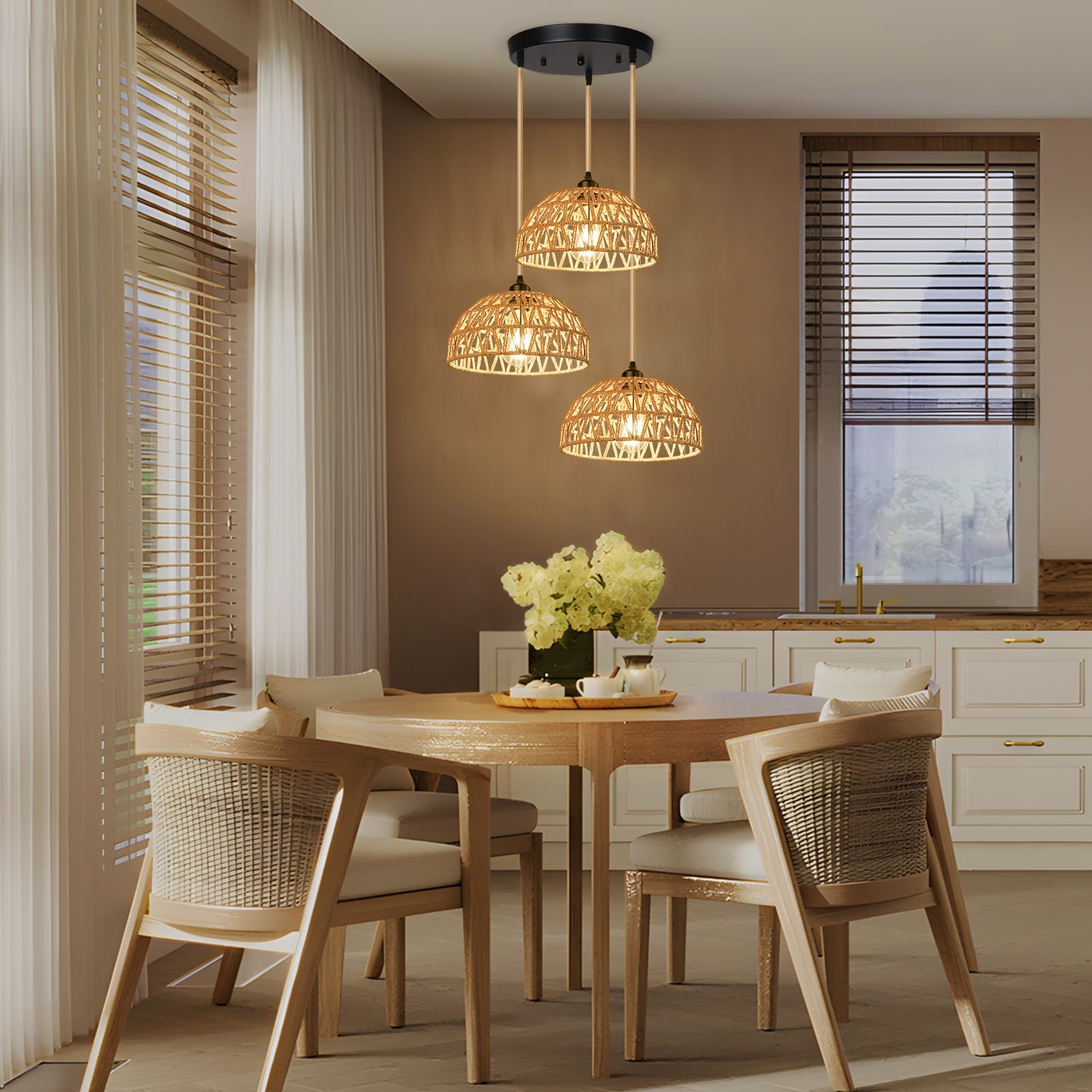 N05 Rustic Pendant Lighting with Woven Handmade Basket for Dining Room