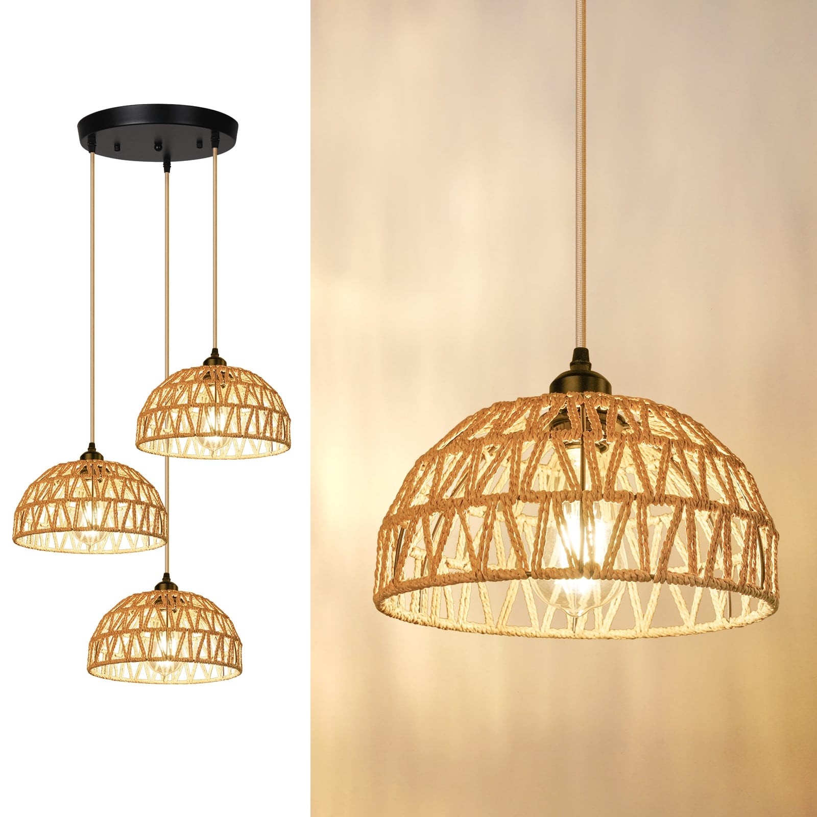 N05 Rustic Pendant Lighting with Woven Handmade Basket for Dining Room