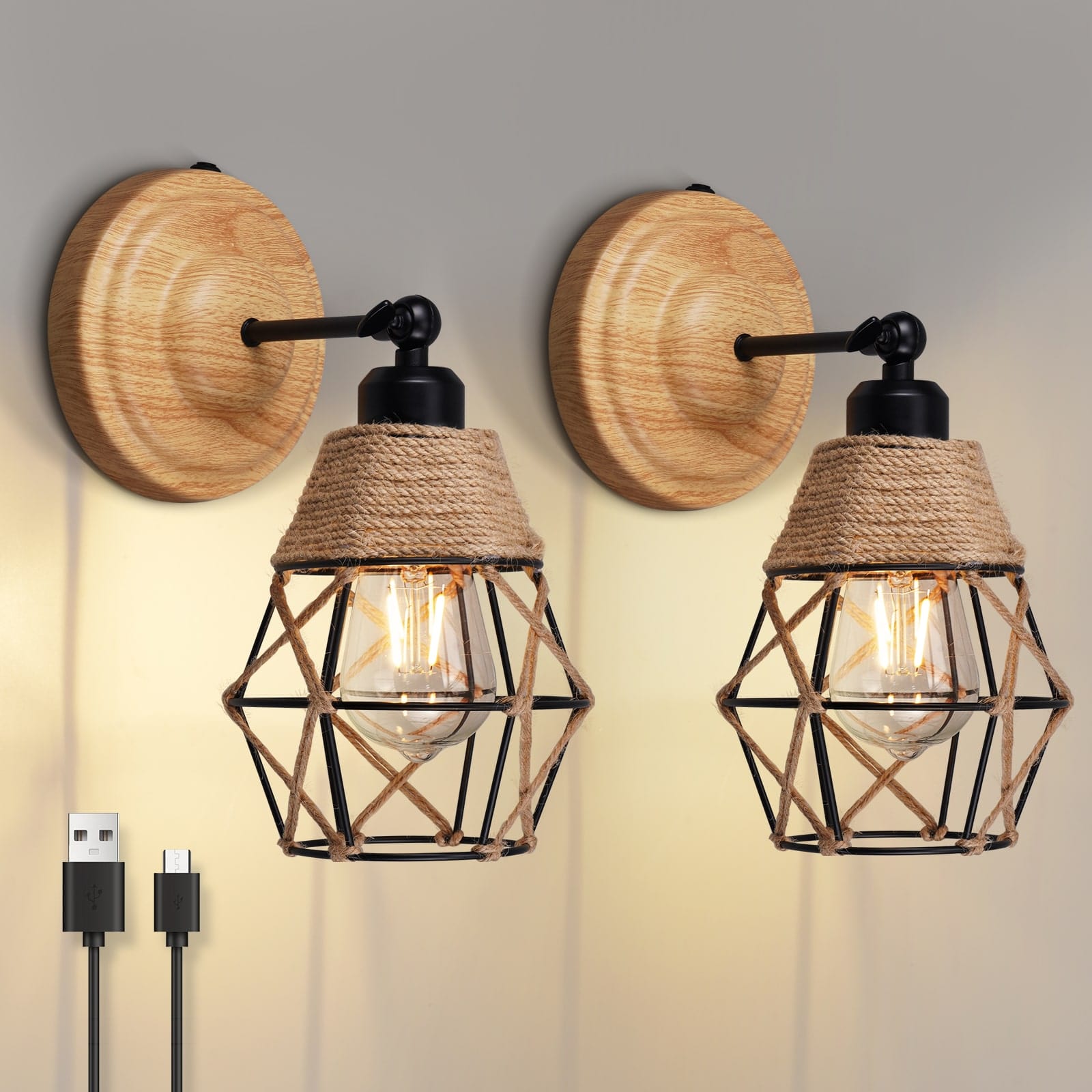 N06 Rustic Style Battery Operated LED Wall Lamp with Rope & Iron Lampshade