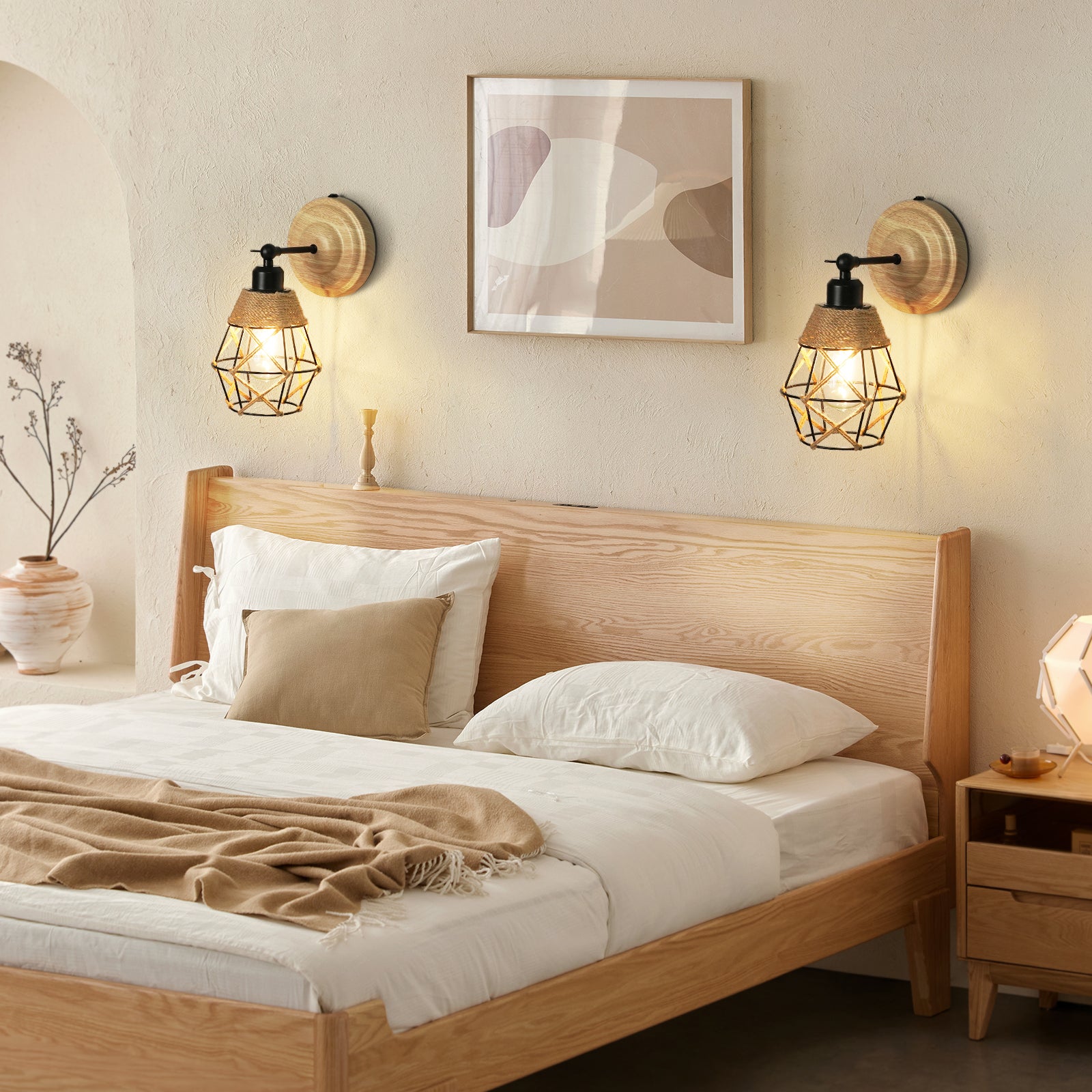 N06 Rustic Style Battery Operated LED Wall Lamp with Rope & Iron Lampshade