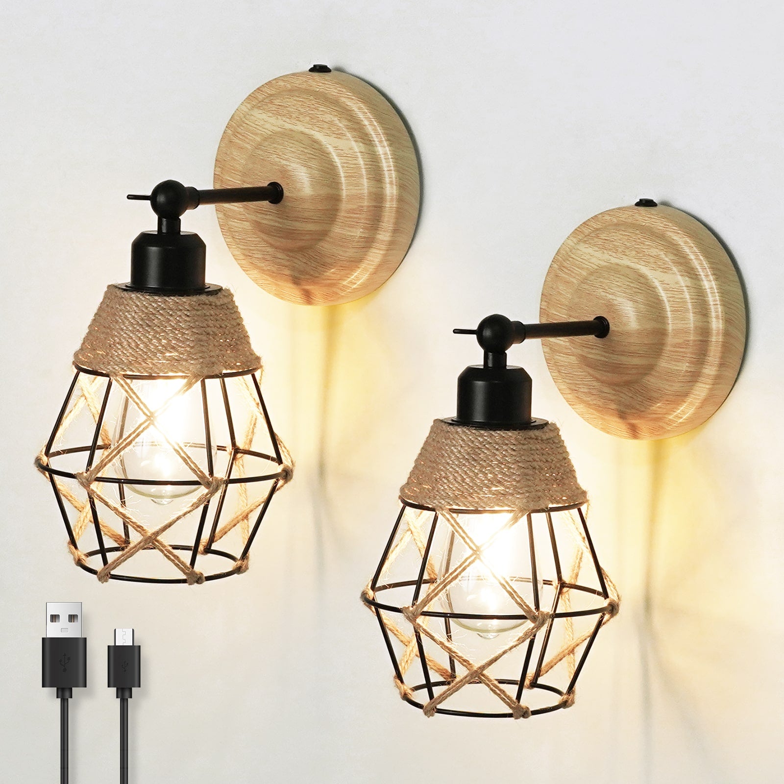 N06  Hemp Rope Iron Lampshade Battery Operated Wall Lamps for Living Room