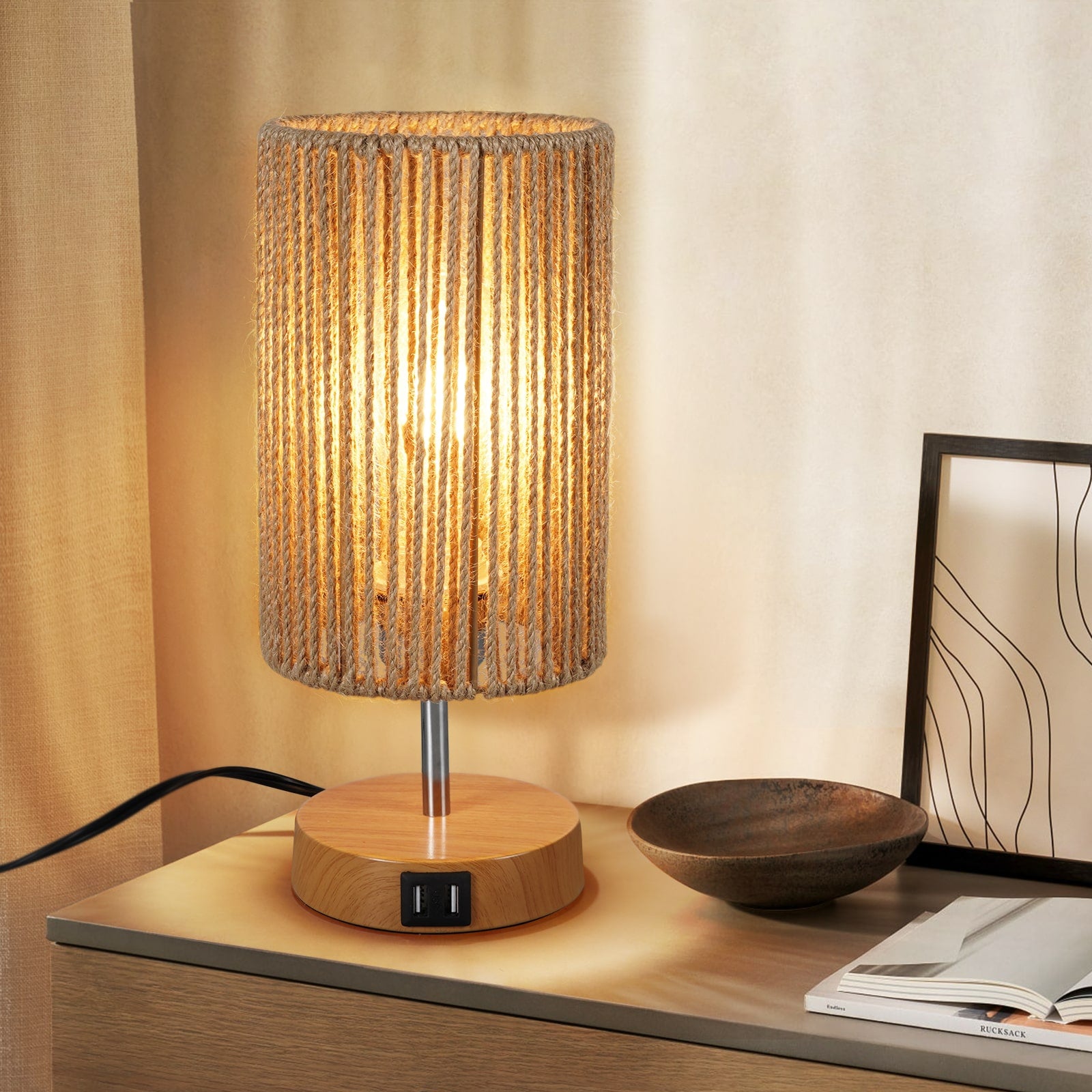 N08 Touch Control Rattan Table Lamp 3 Way Dimmable Bedside Lamps