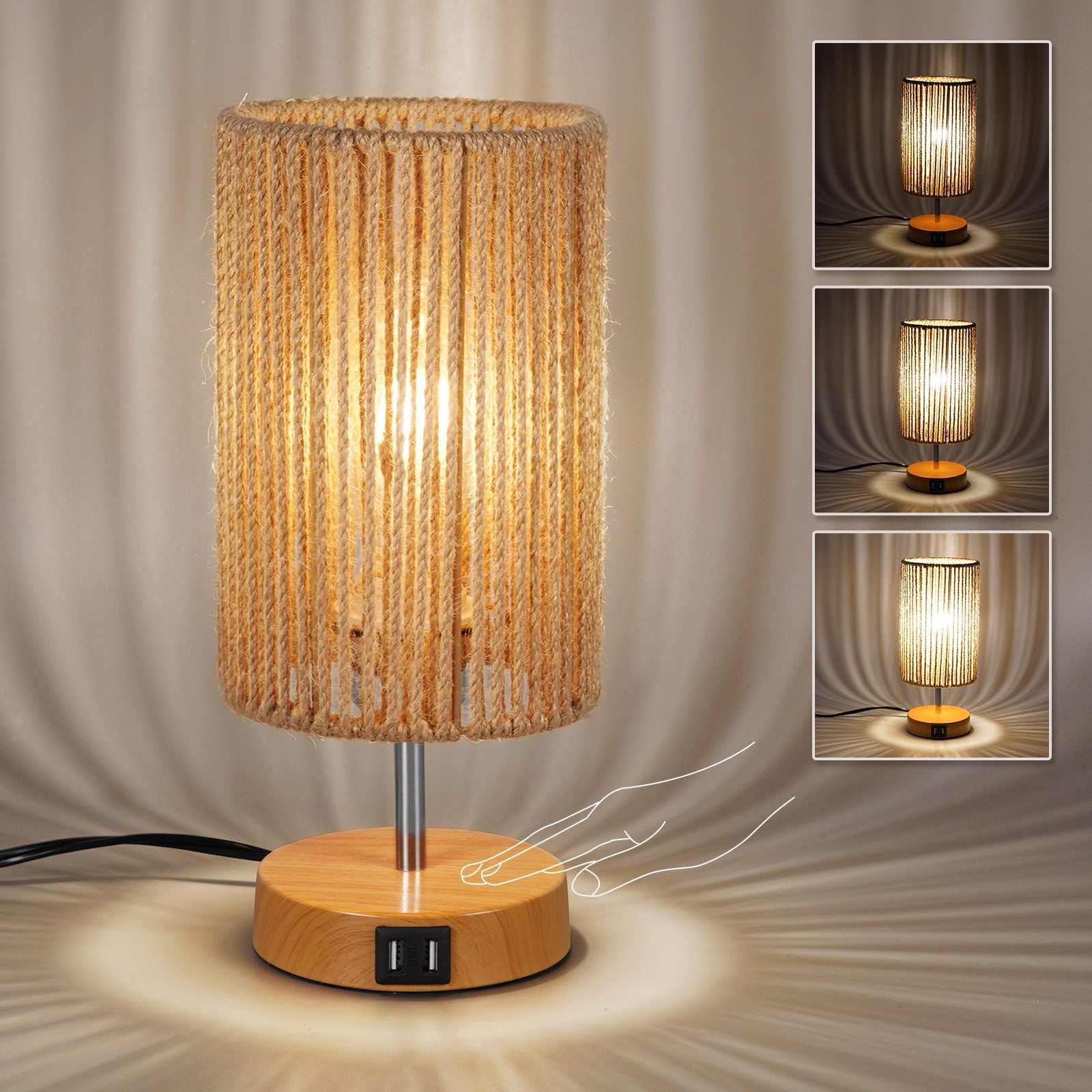 N08 Touch Control Rattan Table Lamp 3 Way Dimmable Bedside Lamps