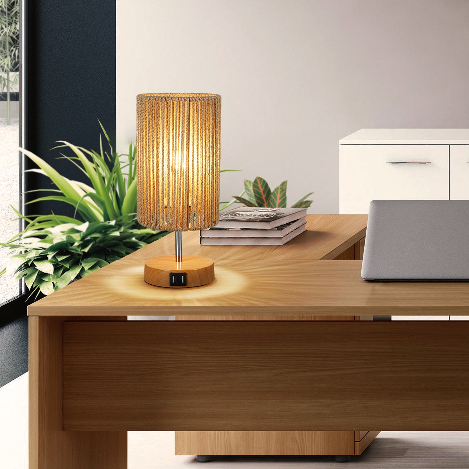N08 3-Way Dimmable Touch Control Rattan Table Lamp for Study Room