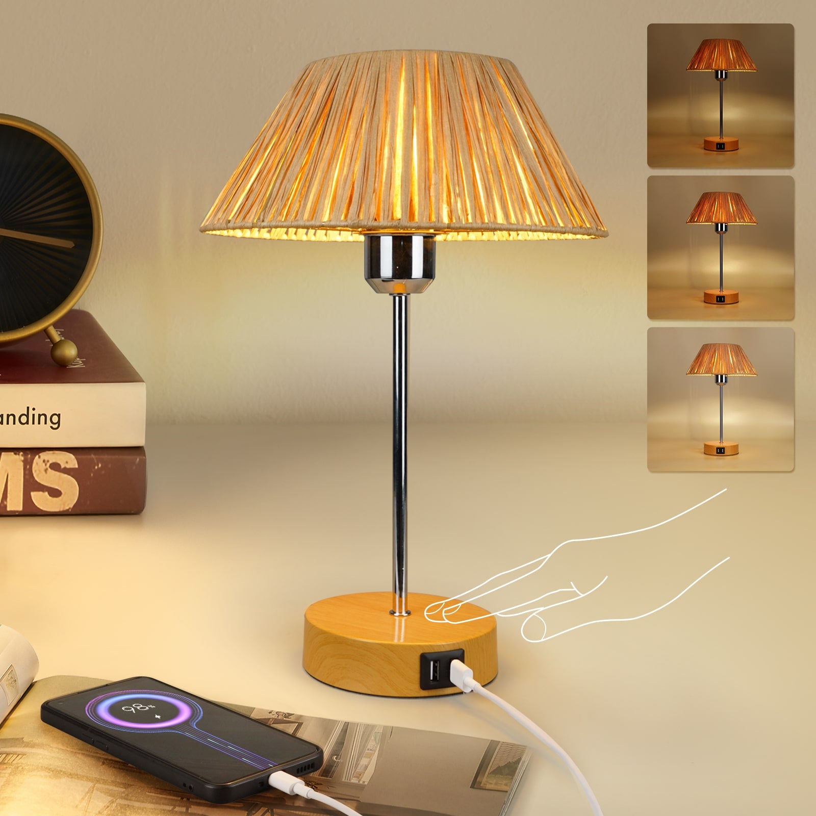 N09 Farmhouse Boho Bedside Table Lamp Touch Dimmable & USB Port