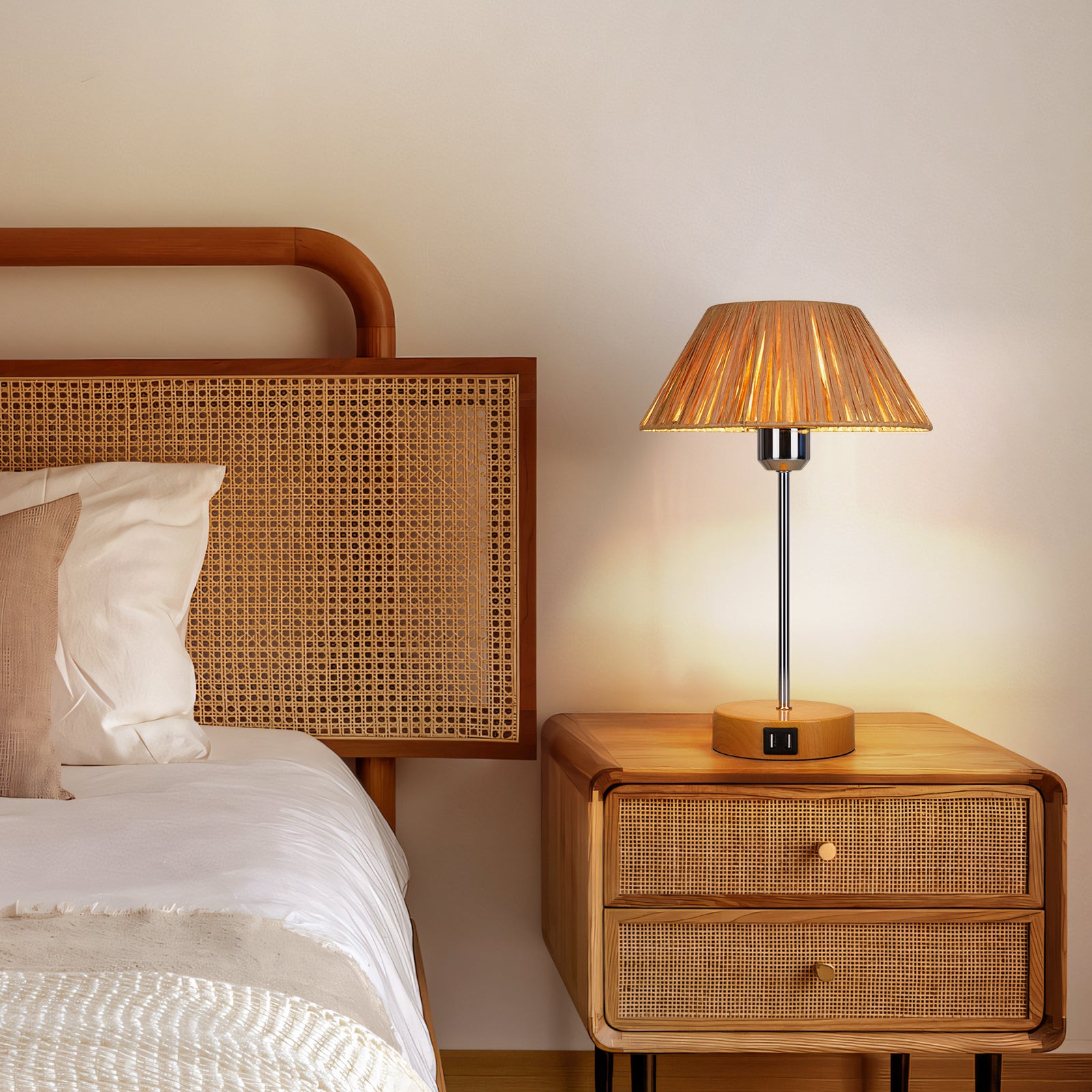 N09 Farmhouse Boho Bedside Table Lamp Touch Dimmable & USB Port