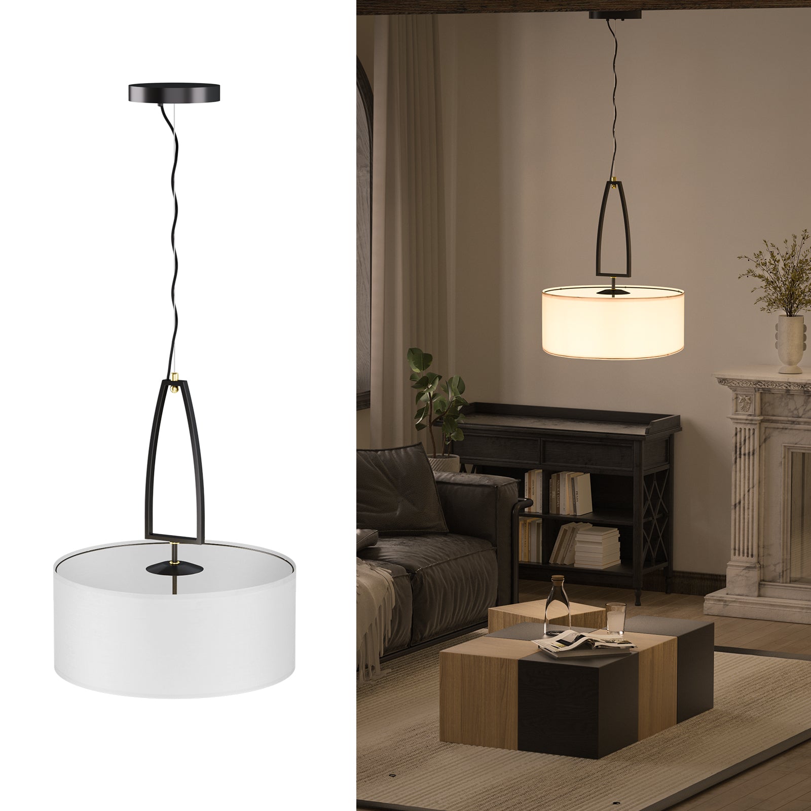 C07-4 3-Light Pendant Light Drum Fabric Chandelier for All Home Styles