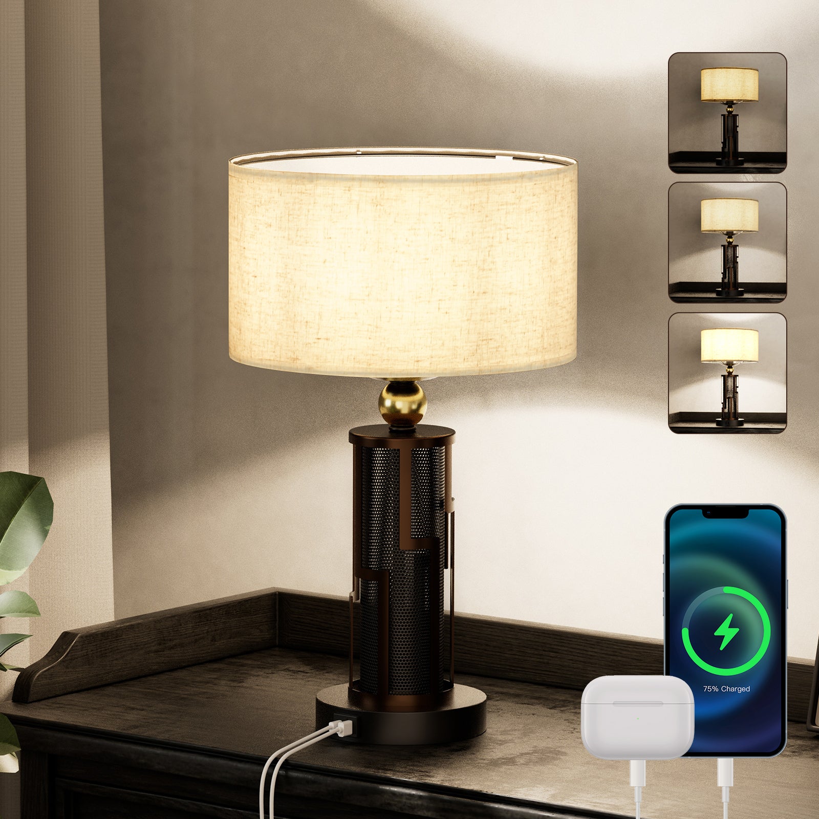 V07-2 Vintage Table Lamp 3 Way Dimmable for All Home Styles（Bulb Included）