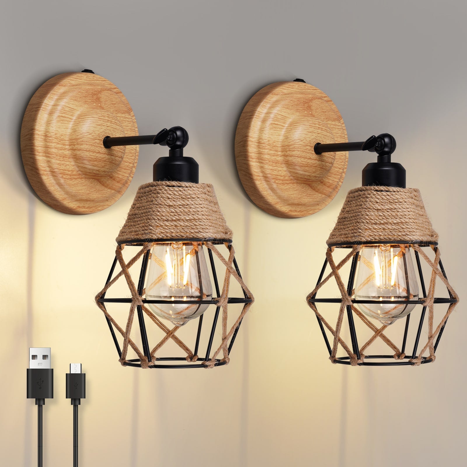 N06 Rustic Style Battery Operated Wall Sconces with Rope & Iron Lampshade Cordless (Bulb Included)