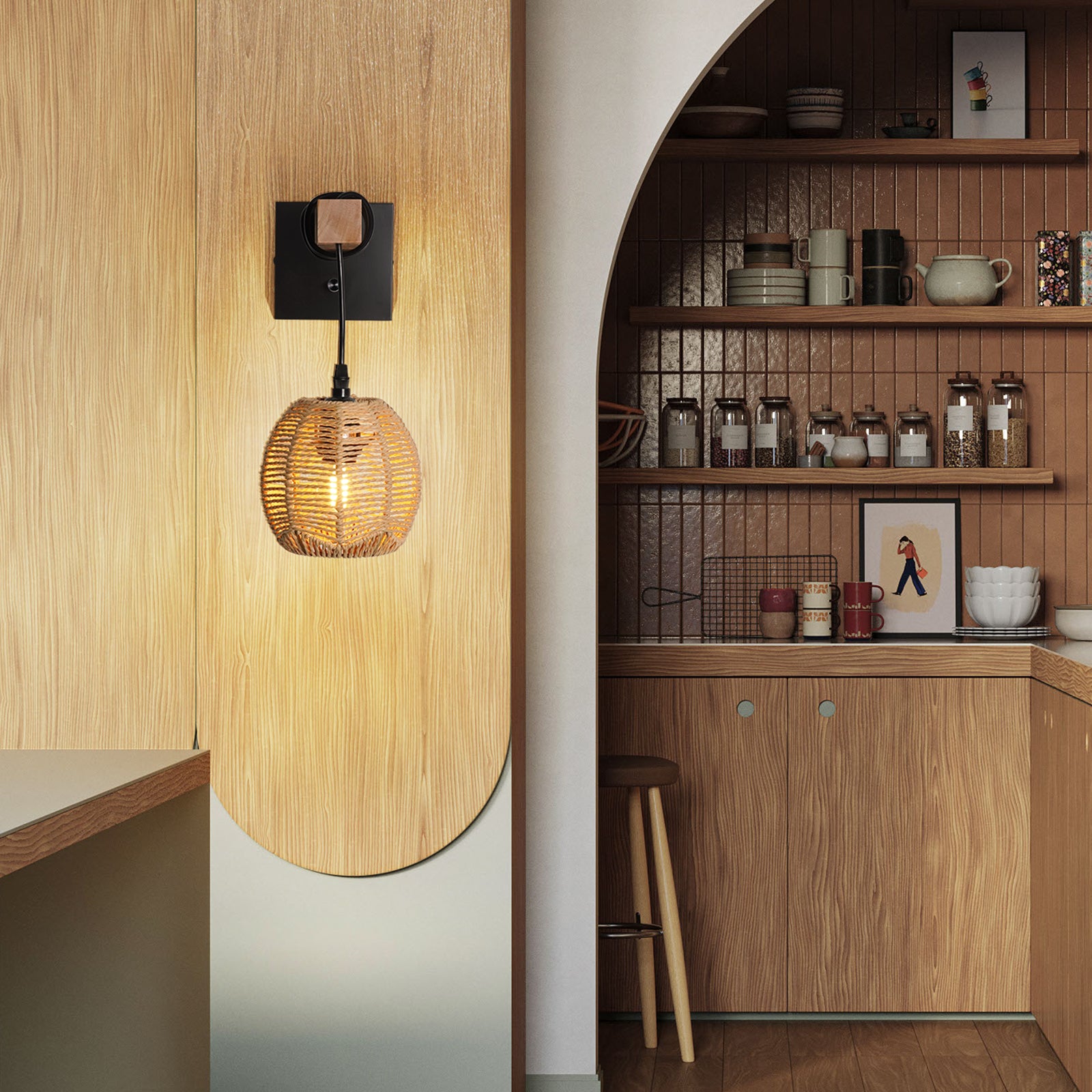 N01 Rattan Boho Wall Sconce - Dimmable LED Lighting for Any Space(Bulb Included）
