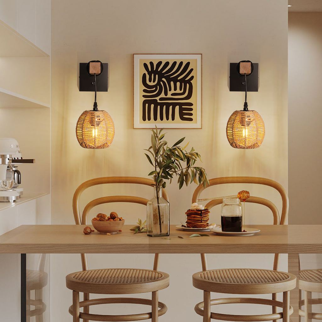 N01 Rattan Boho Wall Sconce - Dimmable LED Lighting for Any Space(Bulb Included）