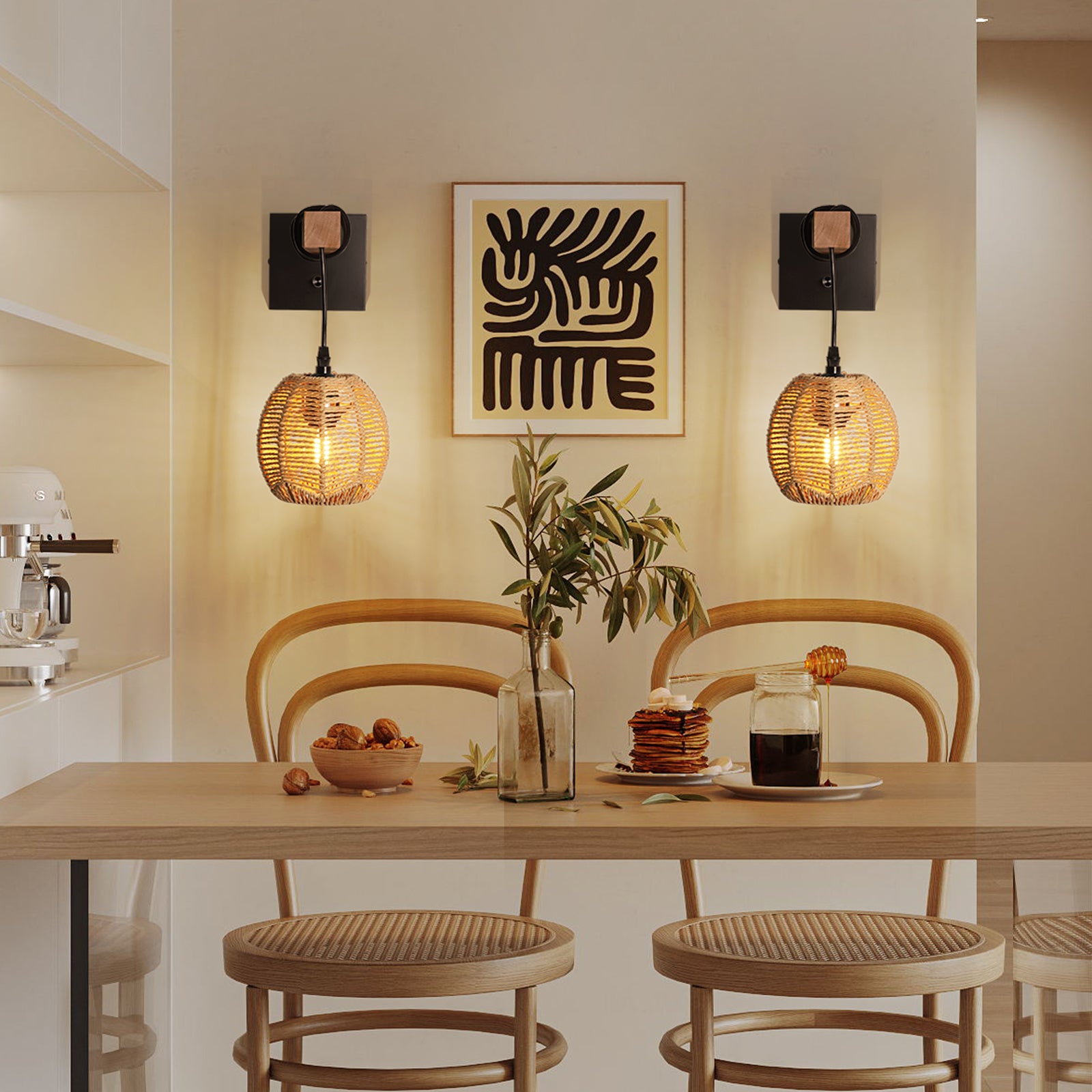 N01 Rattan Boho Wall Sconce - Dimmable LED Lighting for Any Space(Bulb Included）