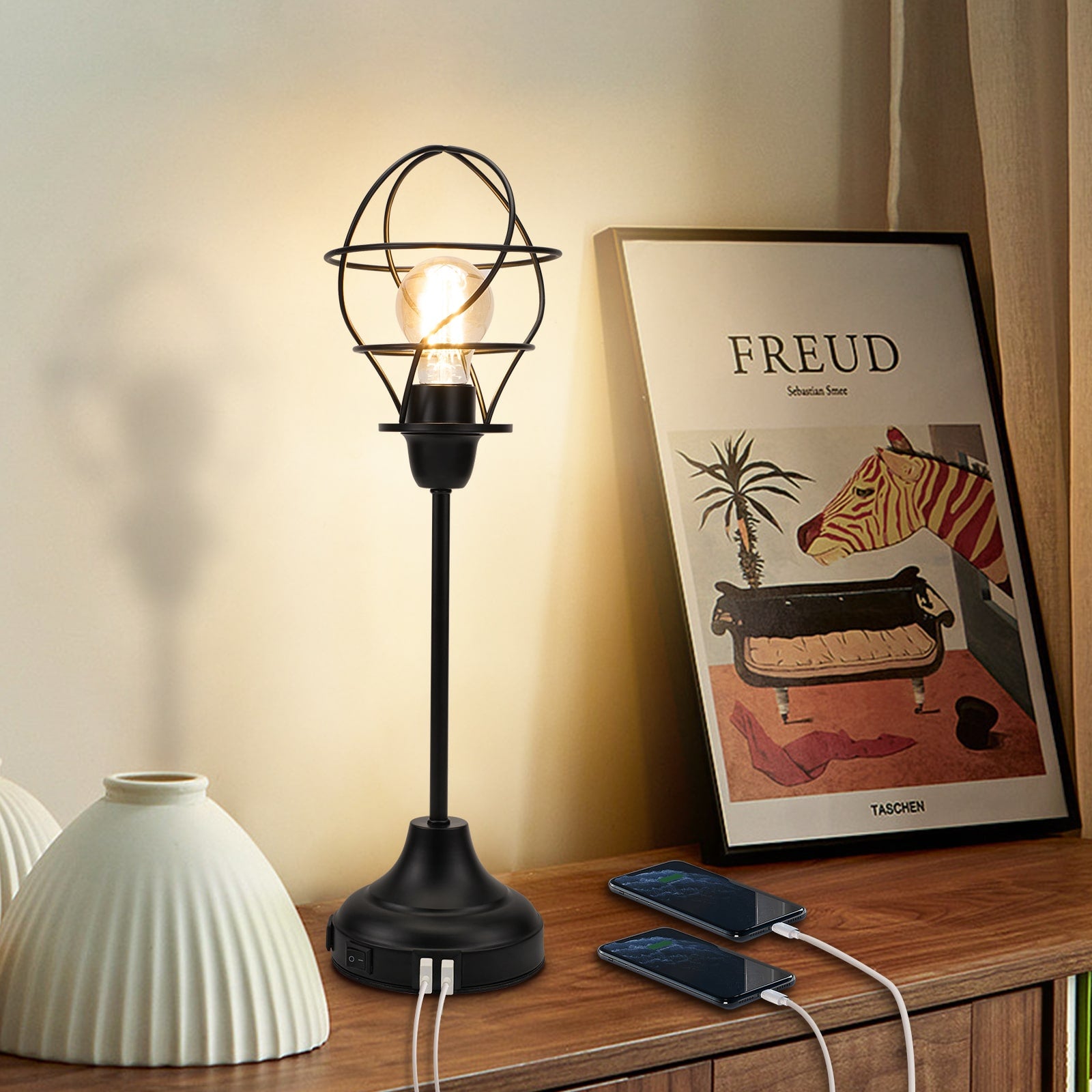Retro Style Table Lamp Desk Light with Torch Cage Shade Dual USB Ports