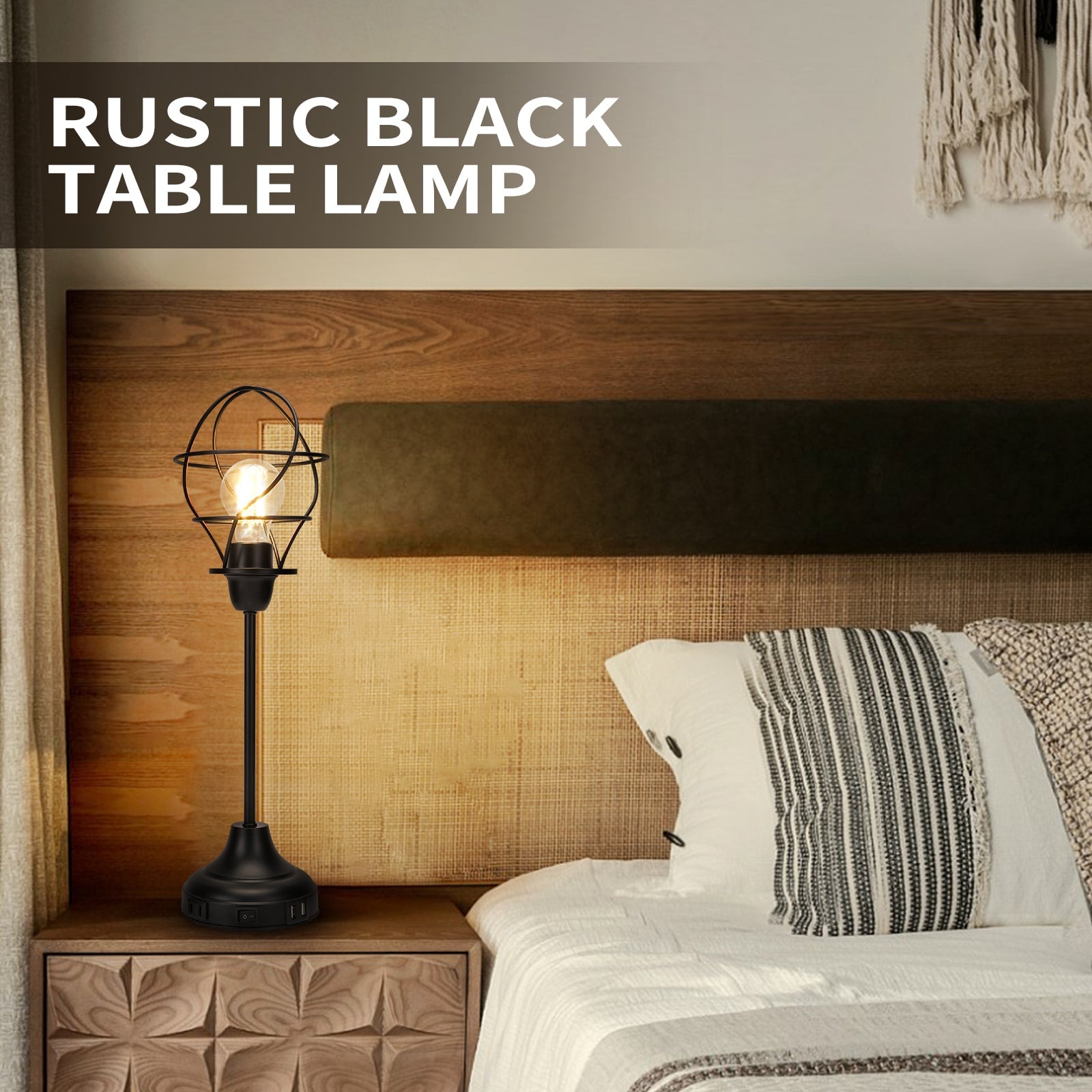 Retro Style Table Lamp Desk Light with Torch Cage Shade Dual USB Ports