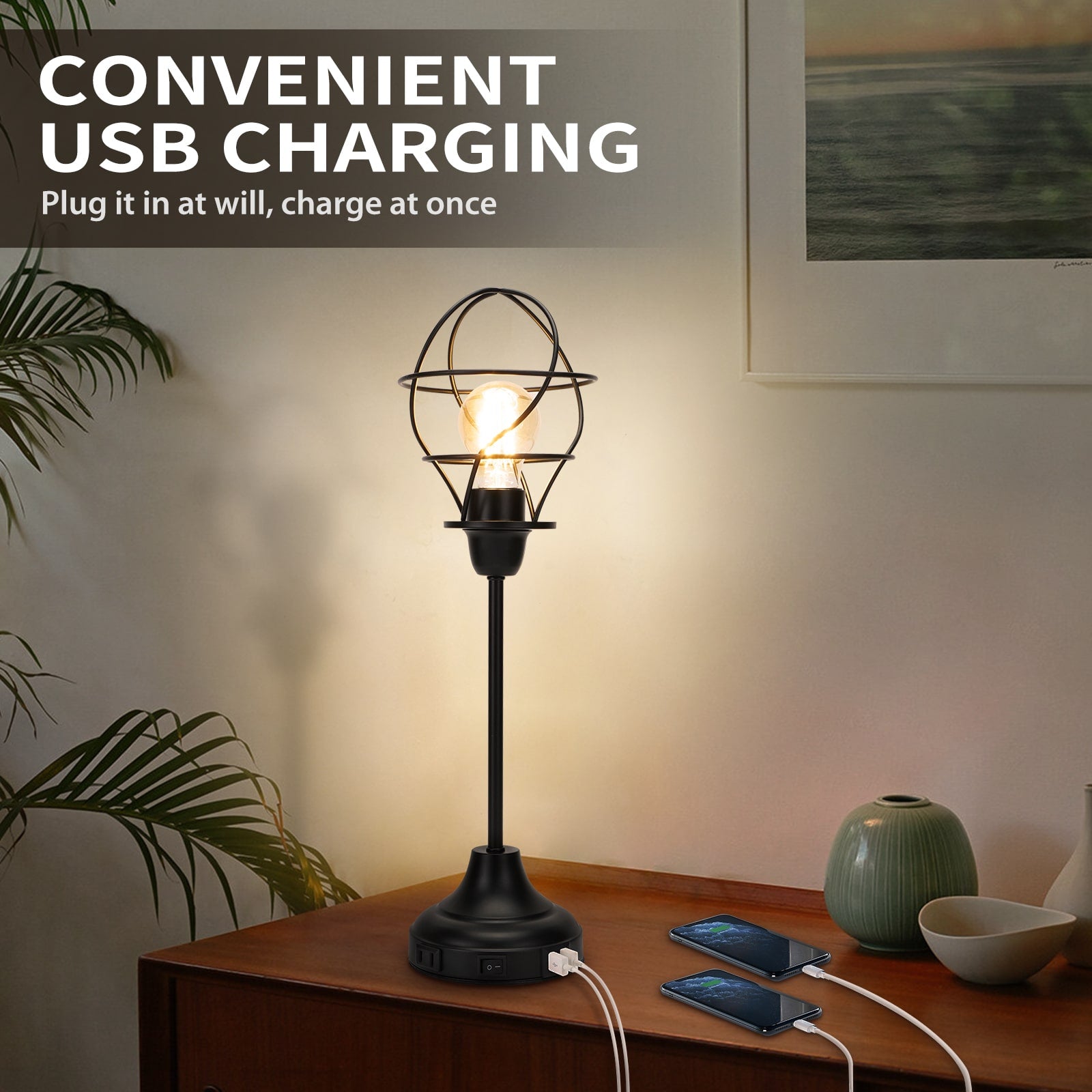 Retro Style Table Lamp Desk Light with Torch Cage Shade Dual USB Ports