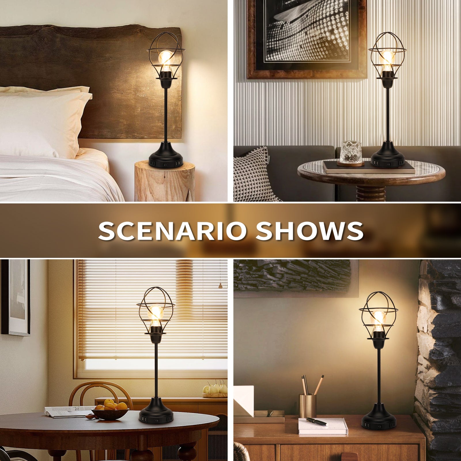 Retro Style Table Lamp Desk Light with Torch Cage Shade Dual USB Ports