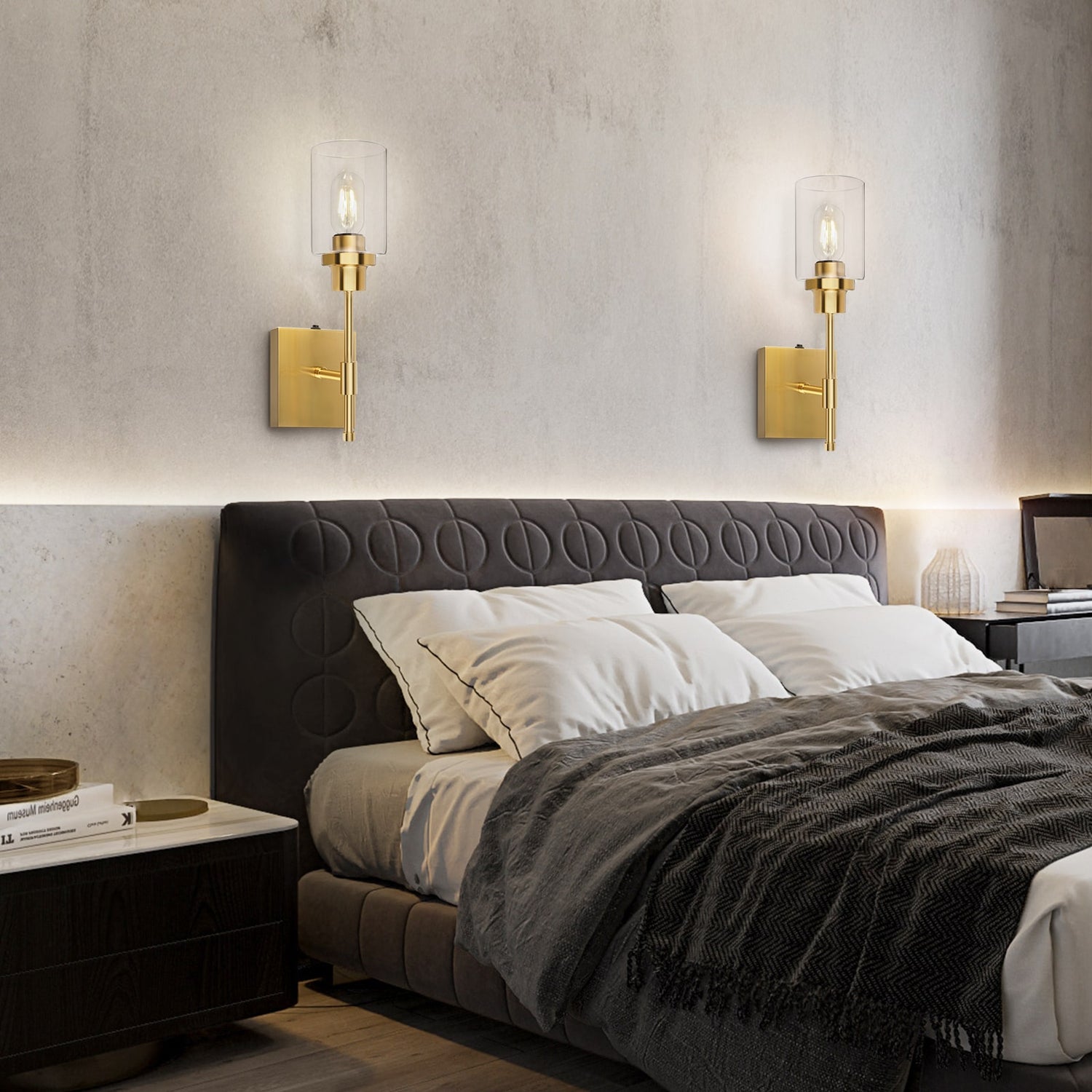 C01 Battery Operated Wall Sconces Lamp with Glass Shade Bedroom