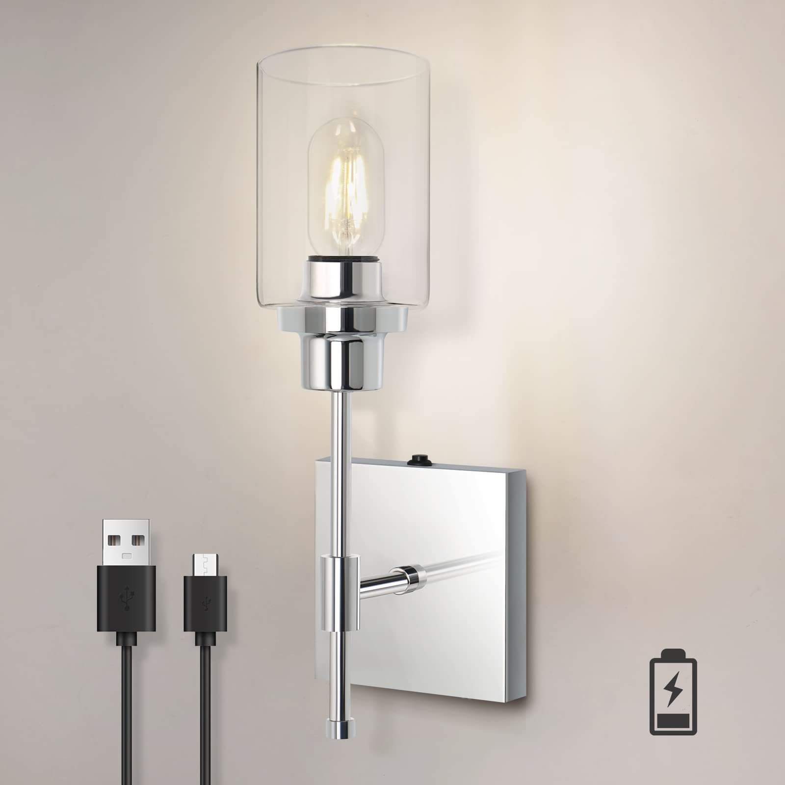 C01 Battery Operated Wall Sconces Cordless Rechargeable with Glass Shade for Bedroom