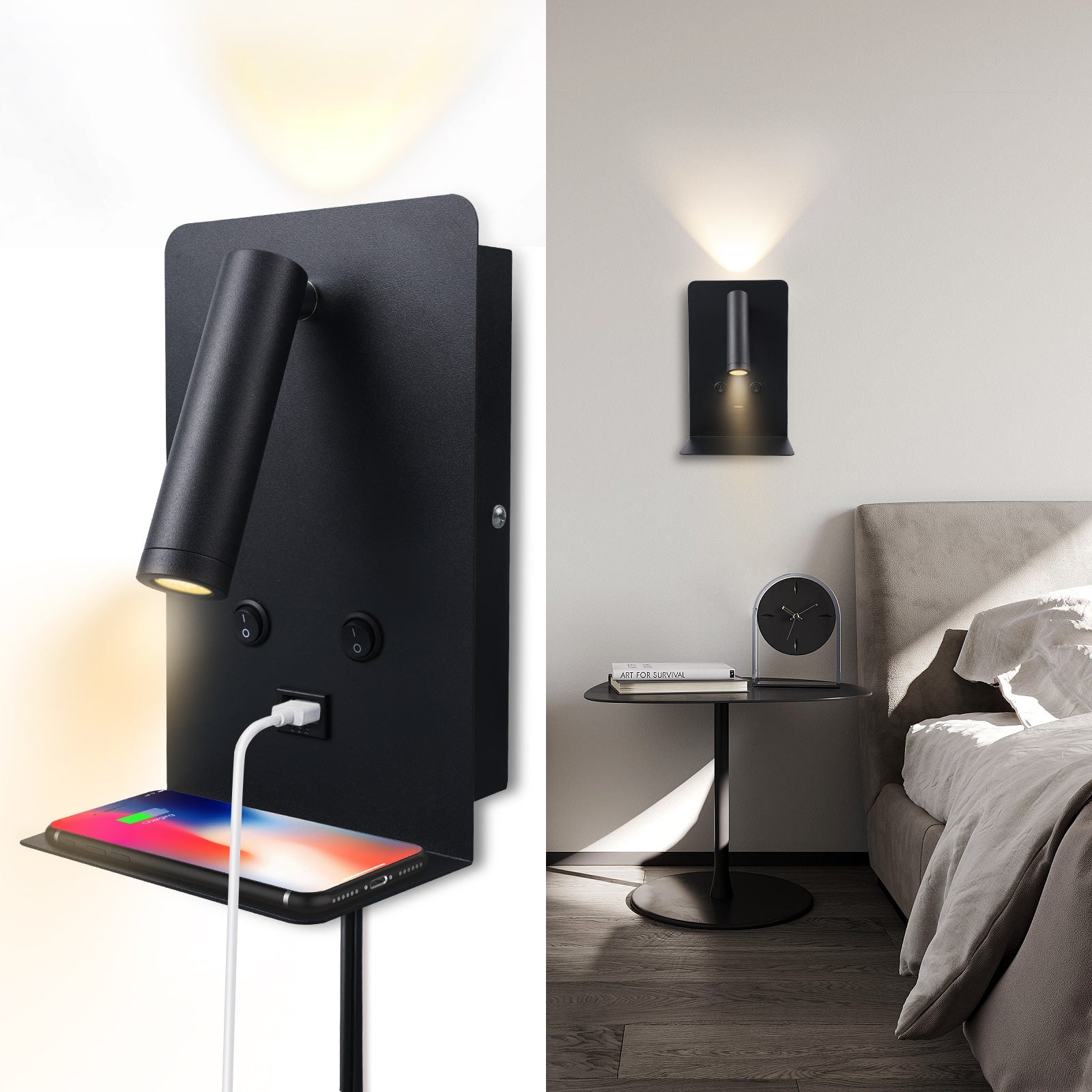 M03 Wall Mounted Reading Lamp with Shelf 350° Rotatable with USB Port